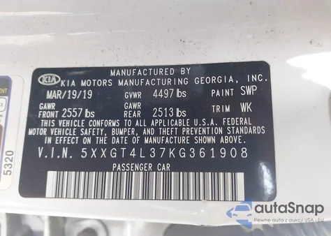 2019 Kia Optima S from USA, damaged, VIN 5XXGT4L37KG361908